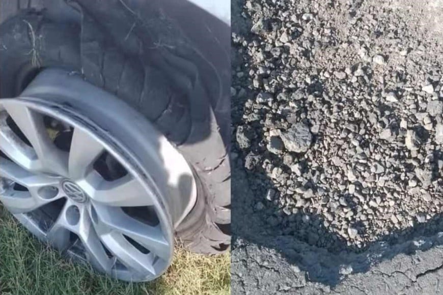 Un automovilista chocó un pozo y destruyó completamente la rueda.