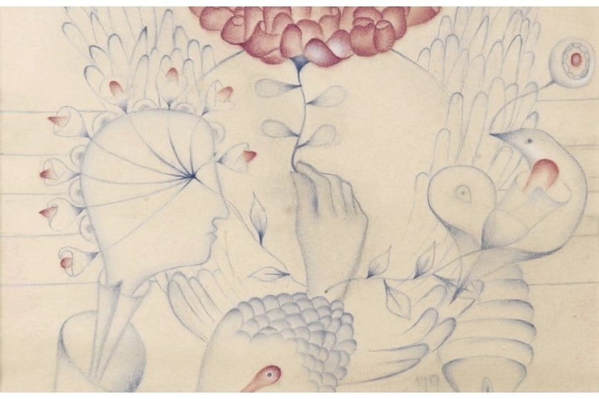 Juan Grela: “Qnianemic Niafisino” (1979, dibujo); pertenece a la época en la que la reflexión sobre la naturaleza del color y la creación de composiciones de formas planas representan el tránsito del artista hacia la abstracción.